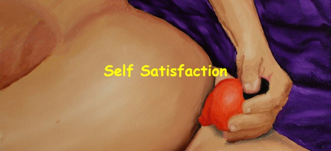 An oil painting of a guy anally satisfying himself with a dildo.