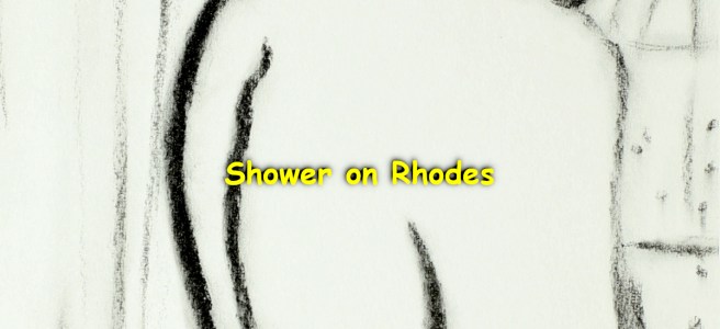 A charcoal drawing showing a naked guy taking a shower.