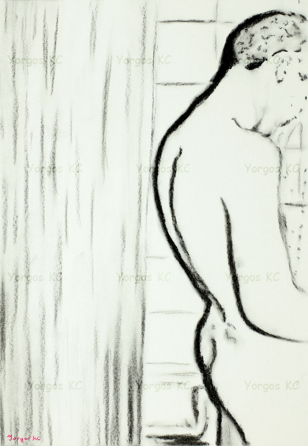 A charcoal drawing of a naked guy taking a shower on Rhodes island.