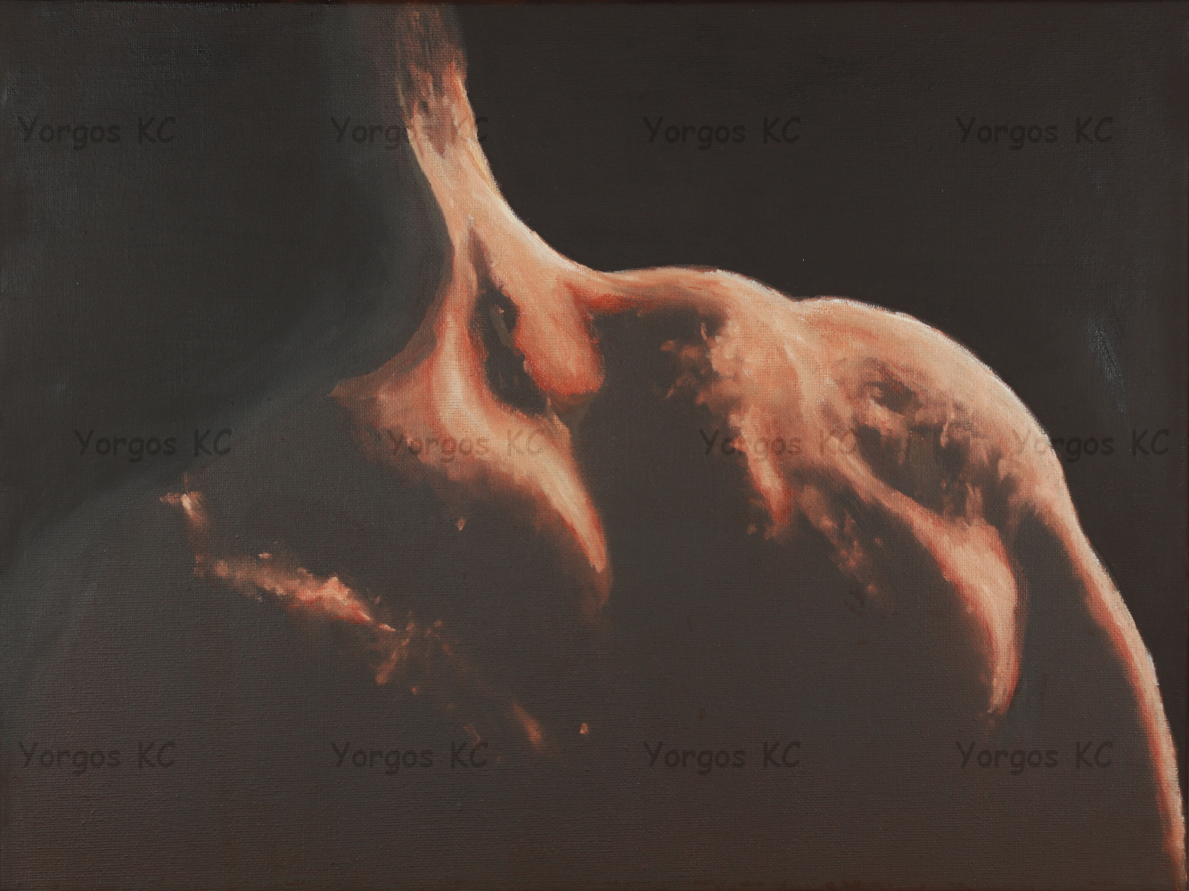 A monochrome oil painting of the neck, shoulders and upper back of a guy.