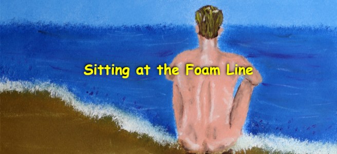 An oil painting of a nude guy sitting at the foam line.