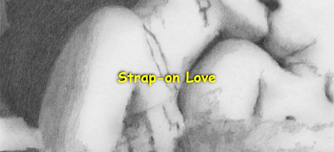 A pencil drawing of a straight couple making love, where the woman tops the man with a strap-on.