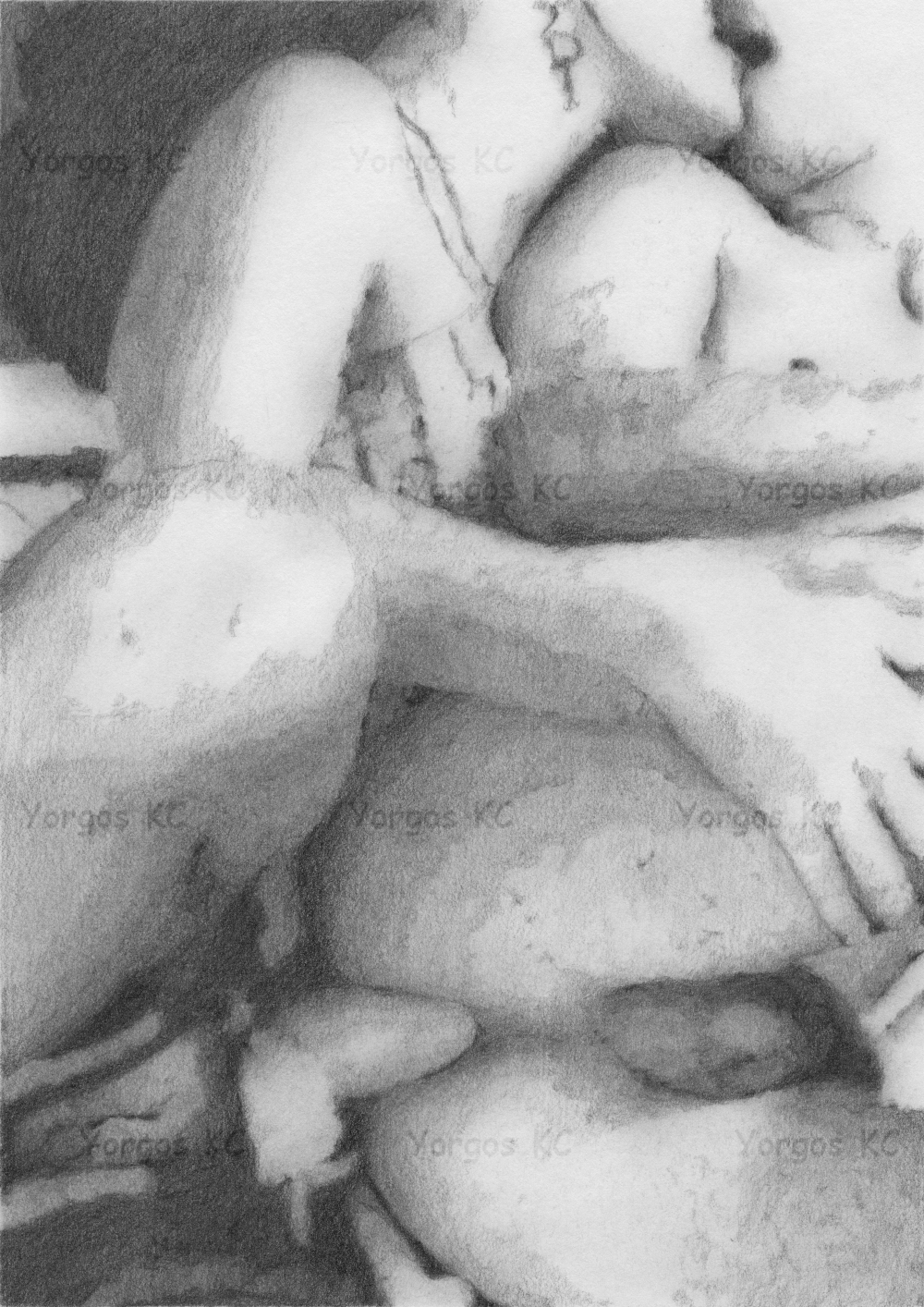 A pencil drawing of a straight couple making love, where the woman tops the man with a strap-on.