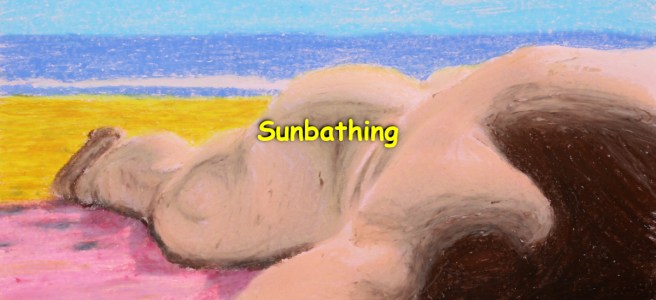 An oil pastel drawing of a nude guy sunbathing at the beach.