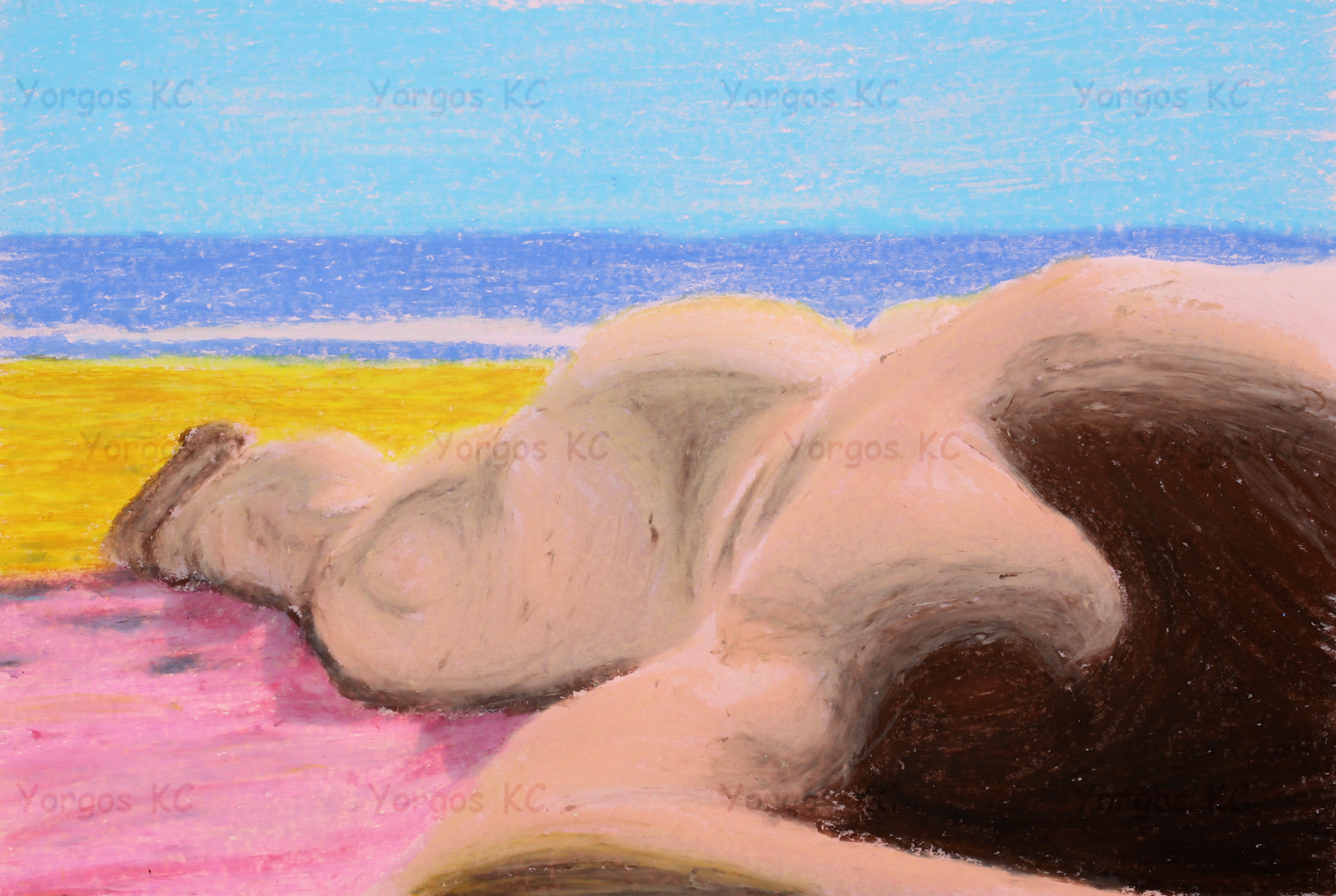 An oil pastel drawing of a nude guy sunbathing at the beach.