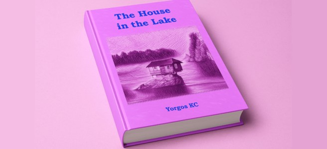 An image showing "The House in the Lake" book on a pink surface.