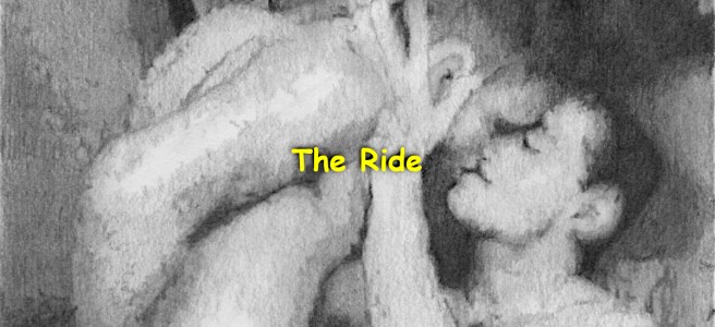 A pencil drawing of two guys kissing while making love. One is seated on the couch and the other is riding him.