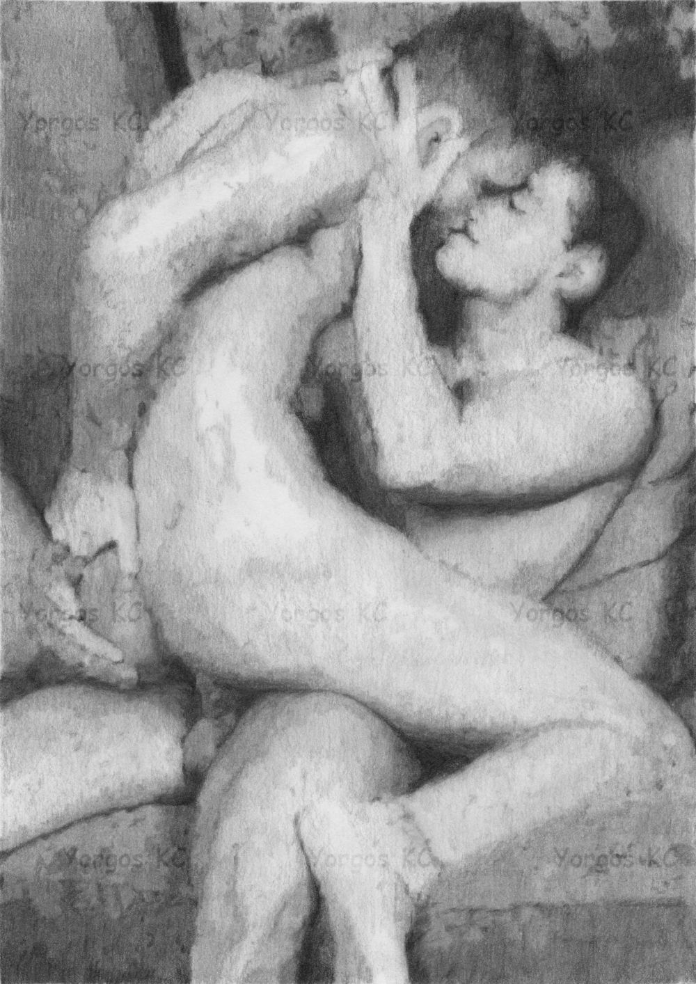 A pencil drawing of two guys kissing while making love. One is seated on the couch and the other is riding him.