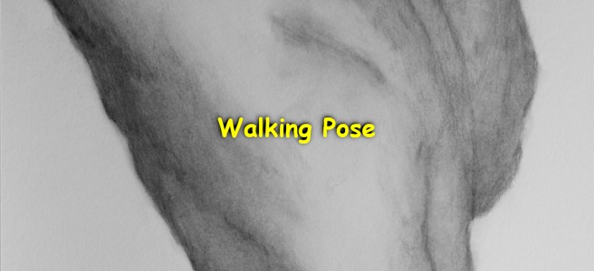 A pencil drawing of a guy standing in a classic walking pose.