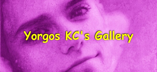 A pencil drawing of a close up face photo, of a slightly smiling young guy. Over the drawing there is text saying "Yorgos KC's Gallery"