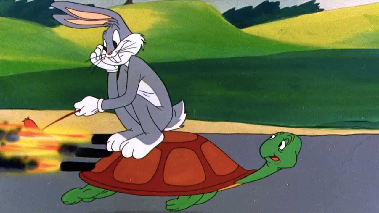 Bugs Bunny sitting on a rocket turtle and frying carrot.