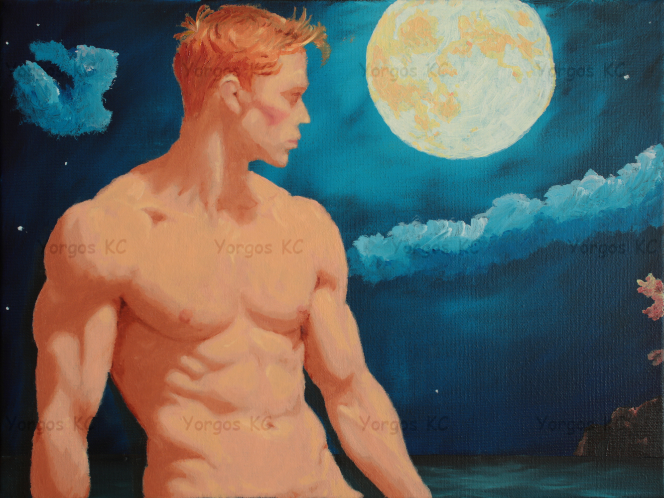 An oil painting showing a nude guy sitting and looking at a big full moon shining over a seascape,
