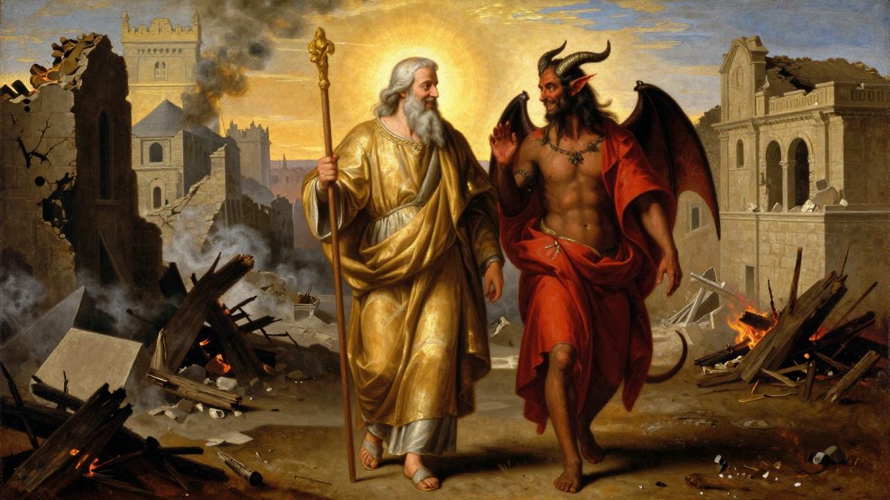 Jehovah and his best friend Satan having fun recounting their evil deeds.
