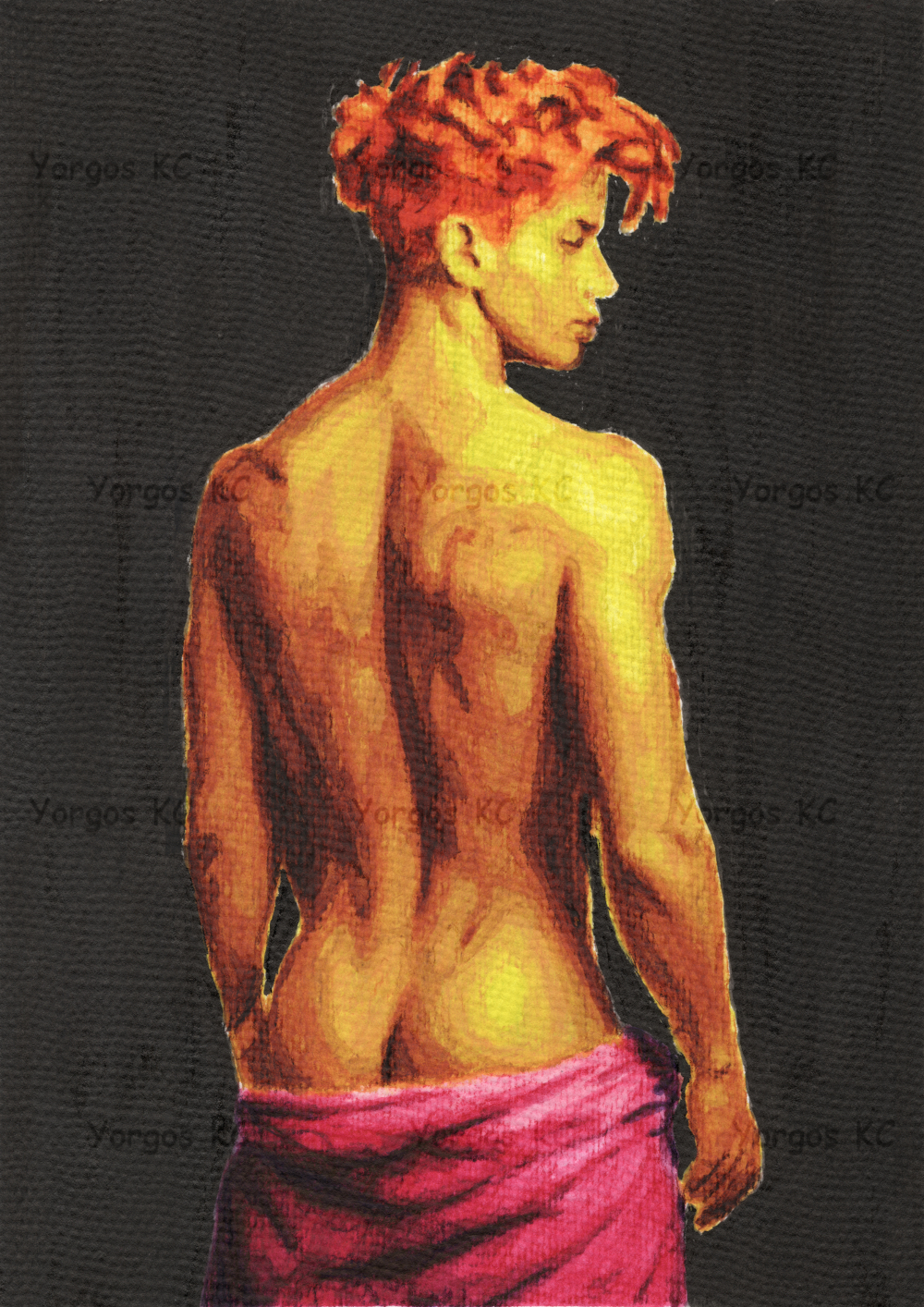 A watercolour painting showing a naked guy with a pink towel low around his hips, seen from the behind, standing against a black background.