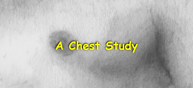 A softly shaded graphite pencil drawing showing a close-up of a bare chest, with one nipple and its areola visible towards the left. Over the drawing the title "A Chest Study" is written with yellow letters.