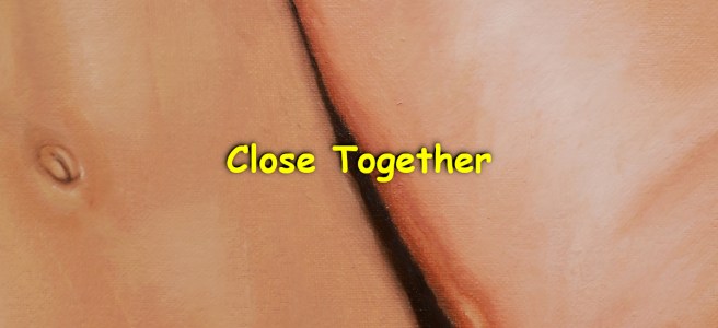 A crop of an oil painting of two nude men embracing each other. The title of the painting is written with yellow letters on top of the image, and it says, "Close Together".