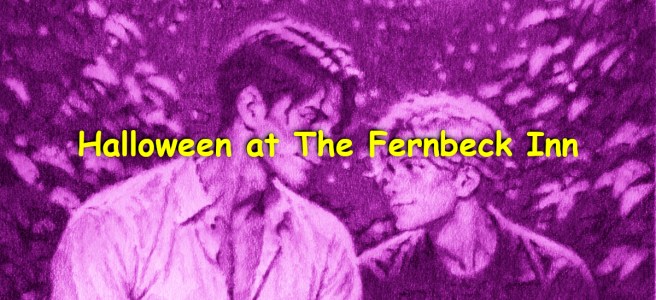 A stylized pencil drawing with a vibrant magenta color overlay. The image features two young men in close proximity; one is in profile facing the other, who looks back at him with a soft expression. The one on the left side wears a half-open shirt, while the one on the right wears a jacket over a kneaded sweater. They are set against a textured, leafy background. Bold yellow text across the middle reads "Halloween at The Fernbeck Inn".