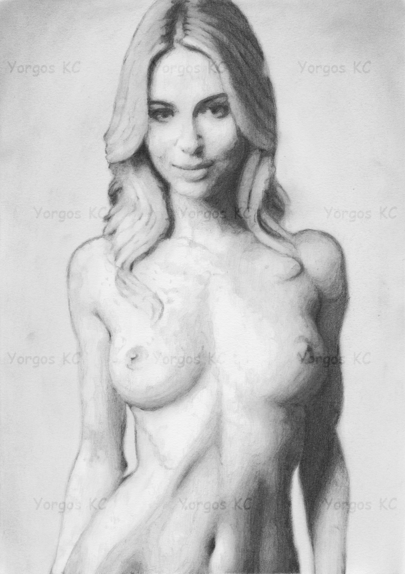 Graphite pencil drawing of a nude woman shown from the top of her head to her upper thighs. She faces the viewer with a gentle smile, her long, wavy hair falling over her shoulders. Delicate shading defines her breasts, waist and abdomen, with darker shadows along one side of her body creating depth and contrast.